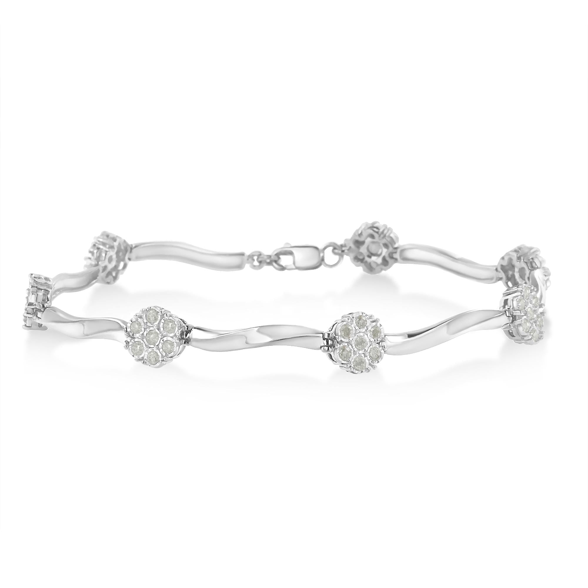 .925 Sterling Silver 1.0 Cttw Diamond Cluster Miracle-Set Station & Twisted Bar 7" Tennis Bracelet (H-I Color, I1-I2 Cla