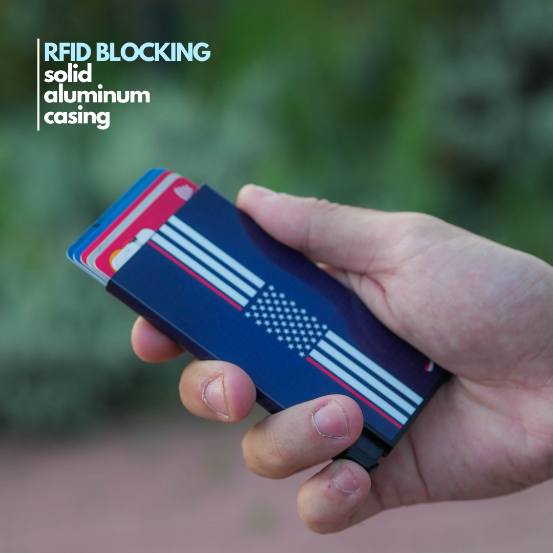 Stylish Ultra Slim Wallet RFID Blocking Premium Aluminum Card Holder W/Trigger to Slide Up Cards - Complete Packaging W/
