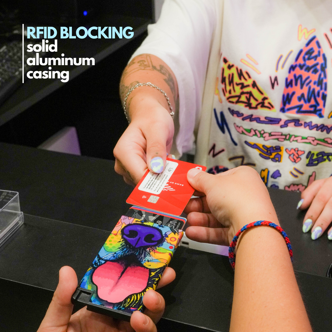 Stylish Ultra Slim Wallet RFID Blocking Premium Aluminum Card Holder W/Trigger to Slide Up Cards - Complete Packaging W/