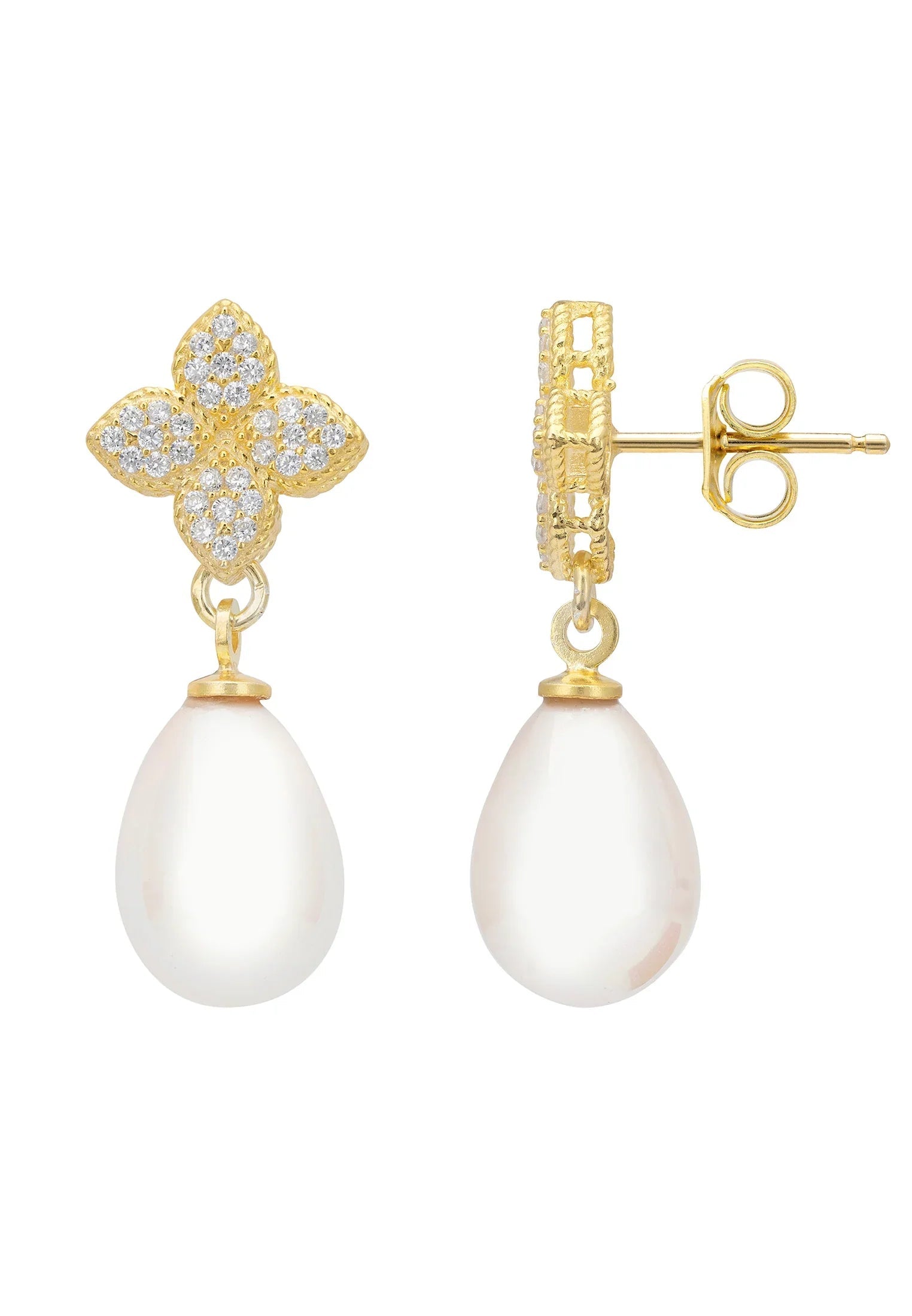 Clover Flower Pearl Drop Cz Earrings Gold