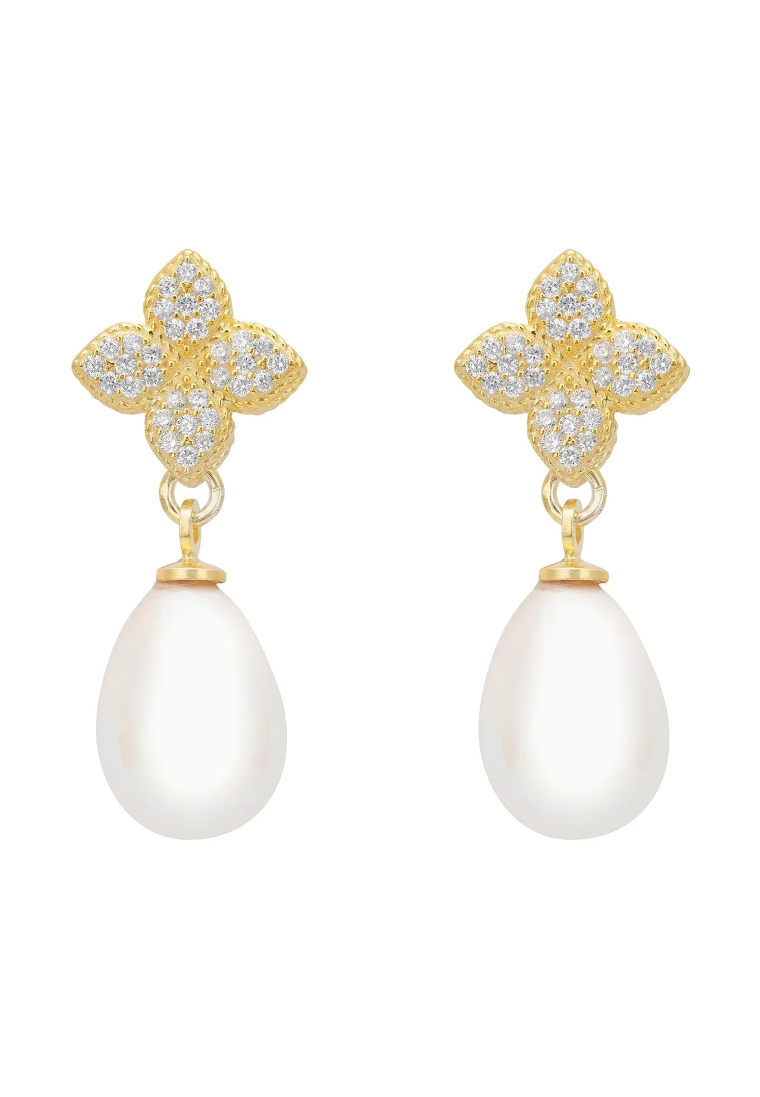 Clover Flower Pearl Drop Cz Earrings Gold