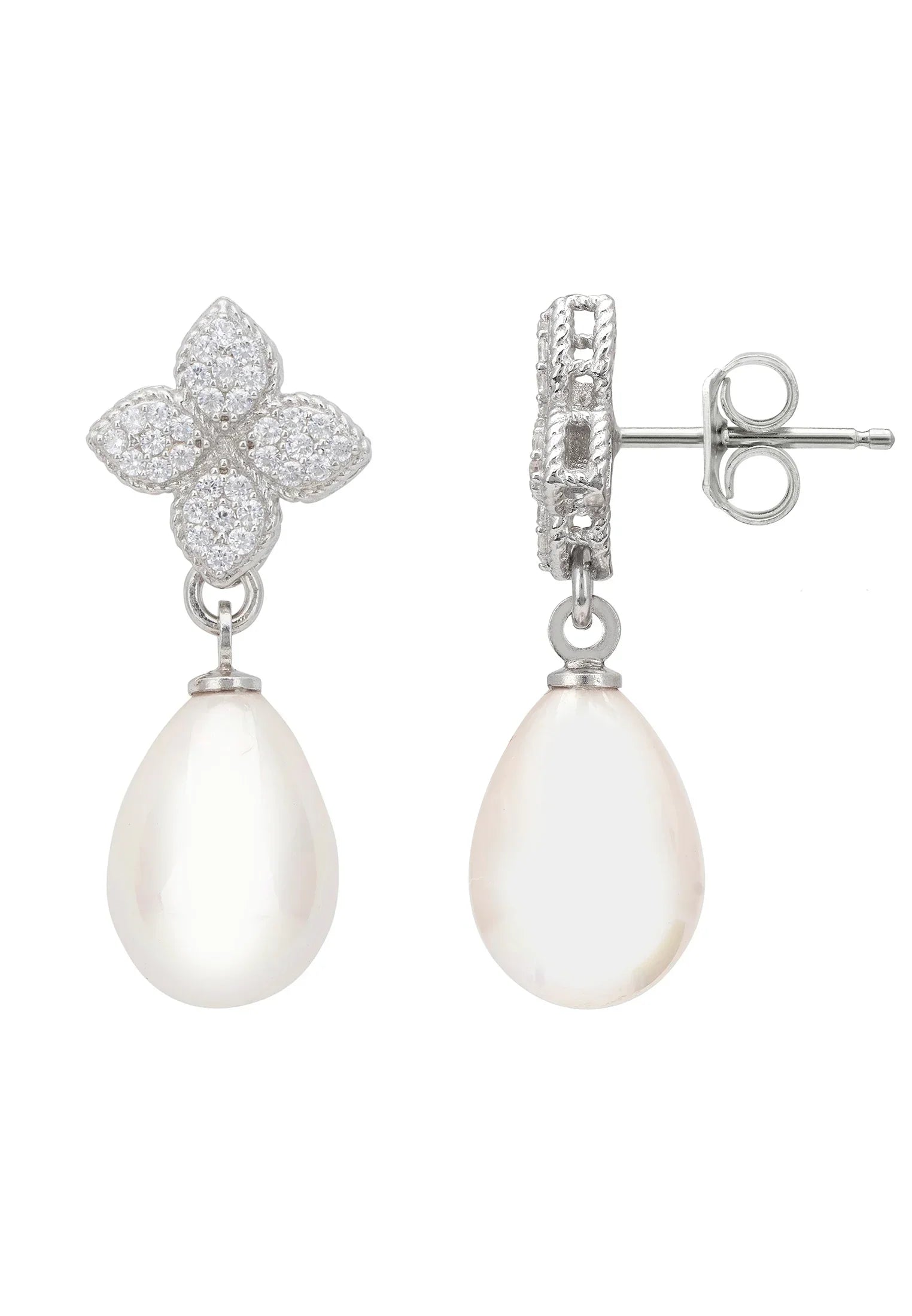 Clover Flower Pearl Drop Cz Earrings Silver