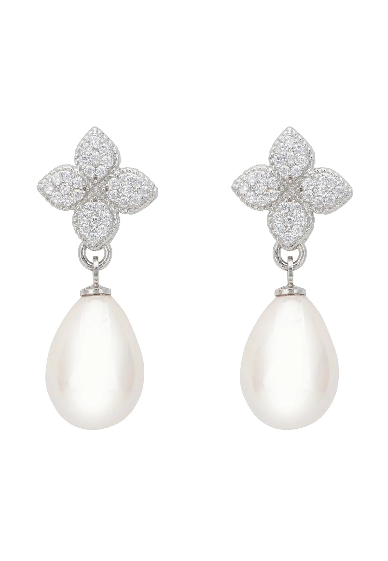 Clover Flower Pearl Drop Cz Earrings Silver