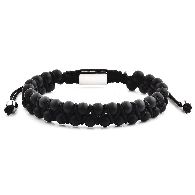 Crucible Men's Matte Black Agate Stone Beaded Adjustable Bracelet
