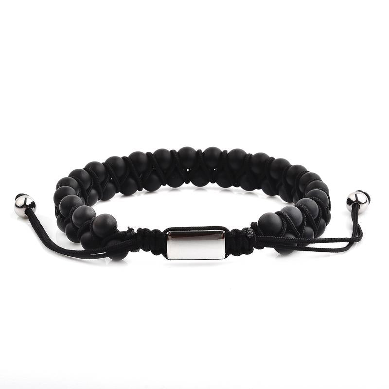 Crucible Men's Matte Black Agate Stone Beaded Adjustable Bracelet