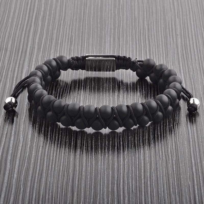 Crucible Men's Matte Black Agate Stone Beaded Adjustable Bracelet