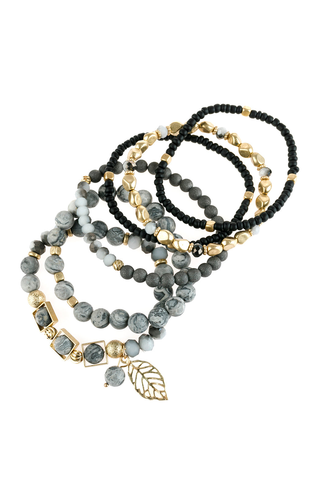 Natural Stone Mixed Beads Leaf Charm Bracelet