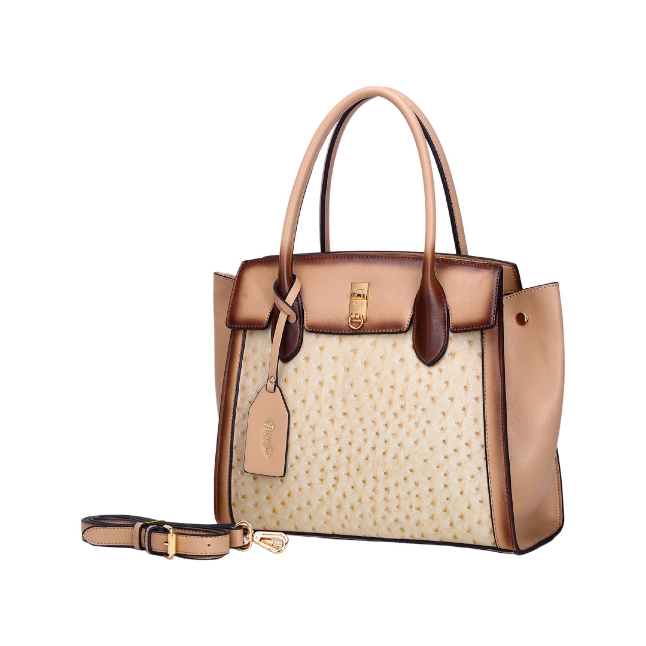 Brangio Italy Ostrich-Embossed Luxury Handbag – Neutral Faux Leather Satchel Purse With Gold Lock Accent | U.S.A. Compan