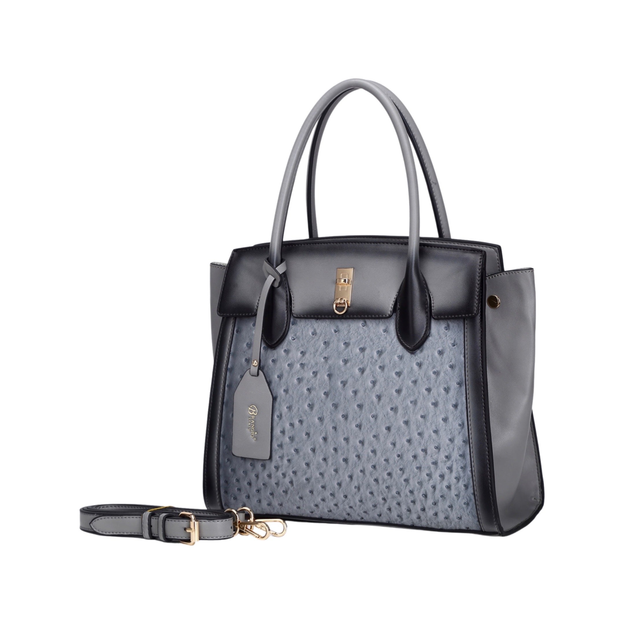 Brangio Italy Ostrich-Embossed Luxury Handbag – Neutral Faux Leather Satchel Purse With Gold Lock Accent | U.S.A. Compan
