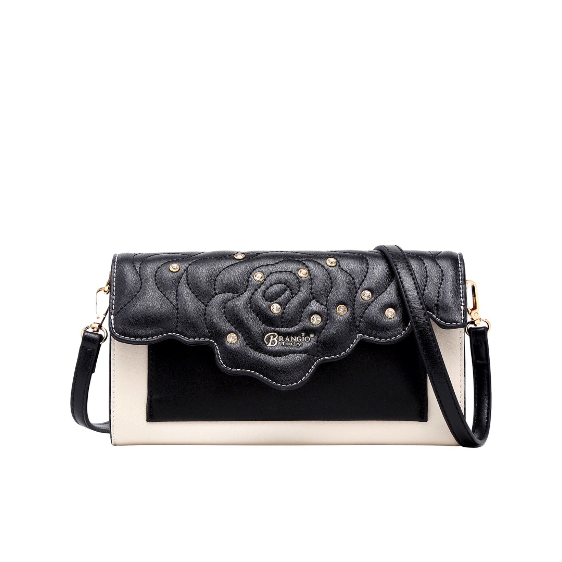 Brangio Italy Rose Embossed Convertible Clutch – Black Faux Leather Evening Bag With Rhinestones & Chain Strap | U.S.A.