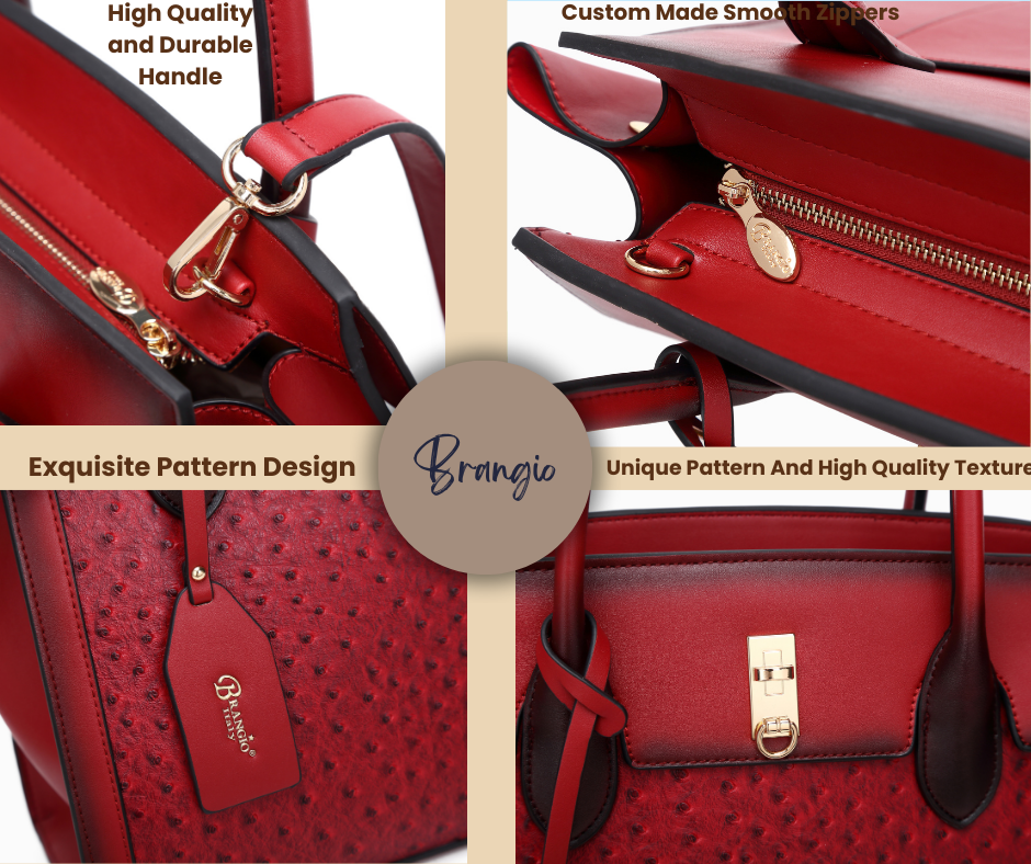 Brangio Italy Ostrich-Embossed Luxury Handbag – Neutral Faux Leather Satchel Purse With Gold Lock Accent | U.S.A. Compan