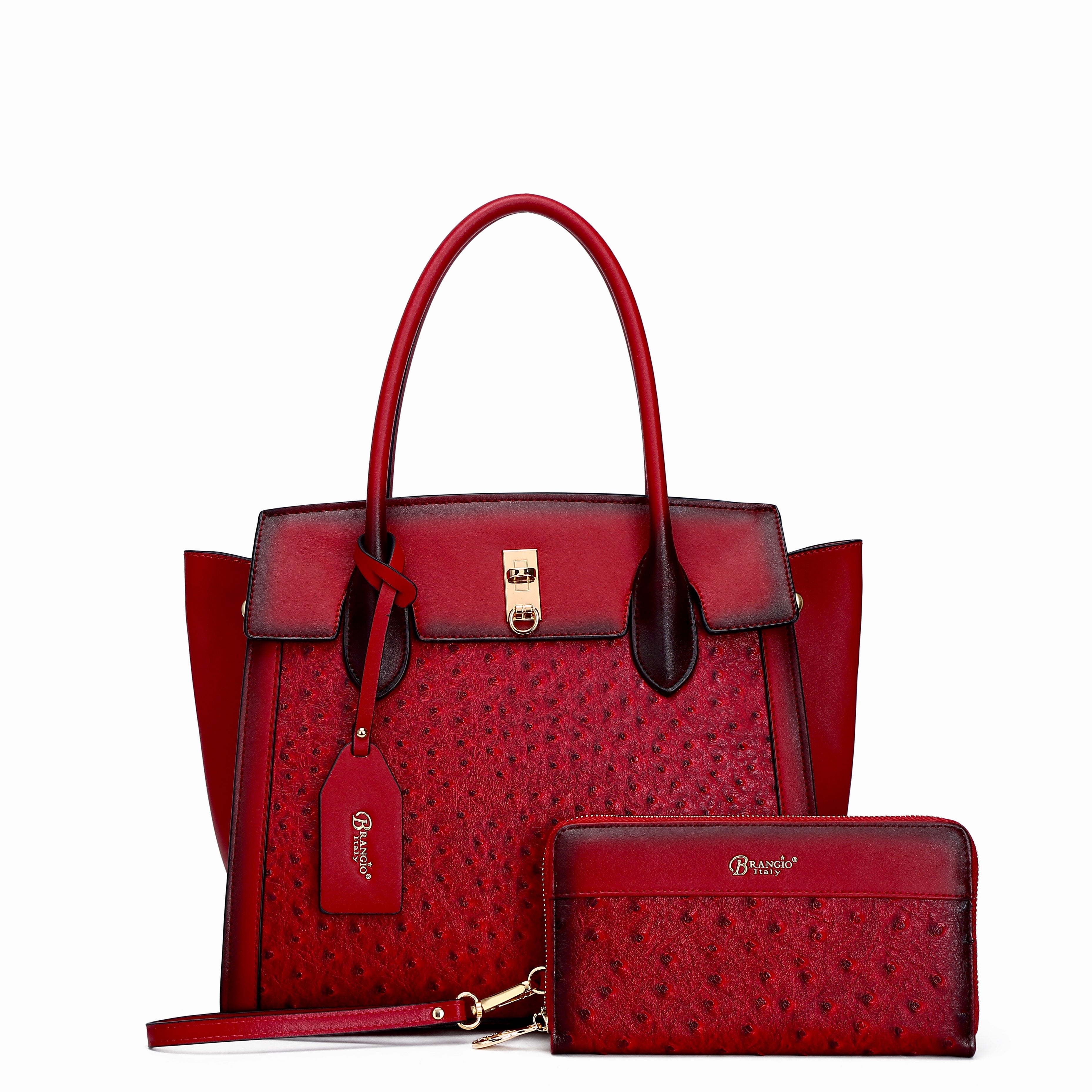 Brangio Italy Ostrich-Embossed Luxury Handbag – Neutral Faux Leather Satchel Purse With Gold Lock Accent | U.S.A. Compan