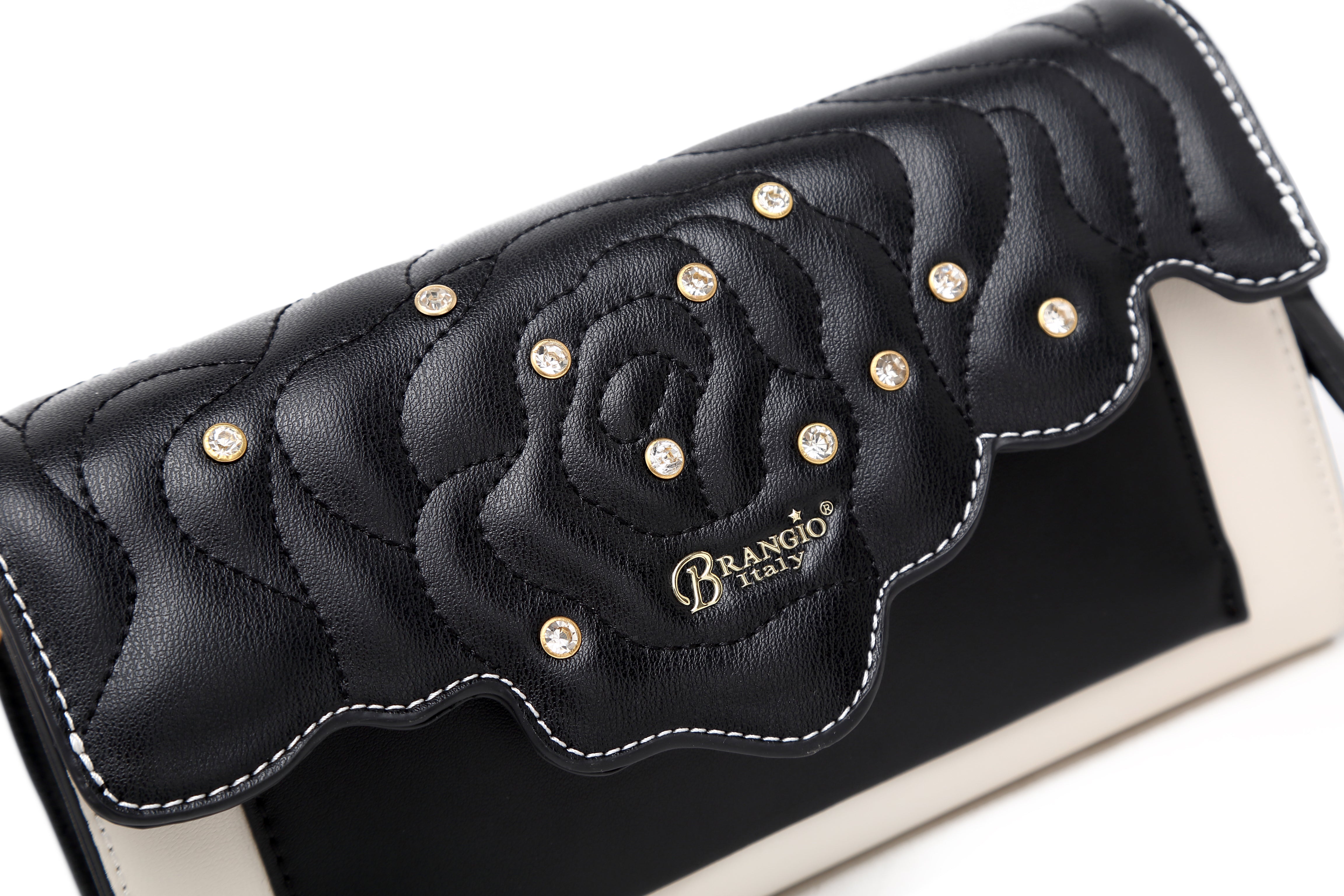 Brangio Italy Rose Embossed Convertible Clutch – Black Faux Leather Evening Bag With Rhinestones & Chain Strap | U.S.A.
