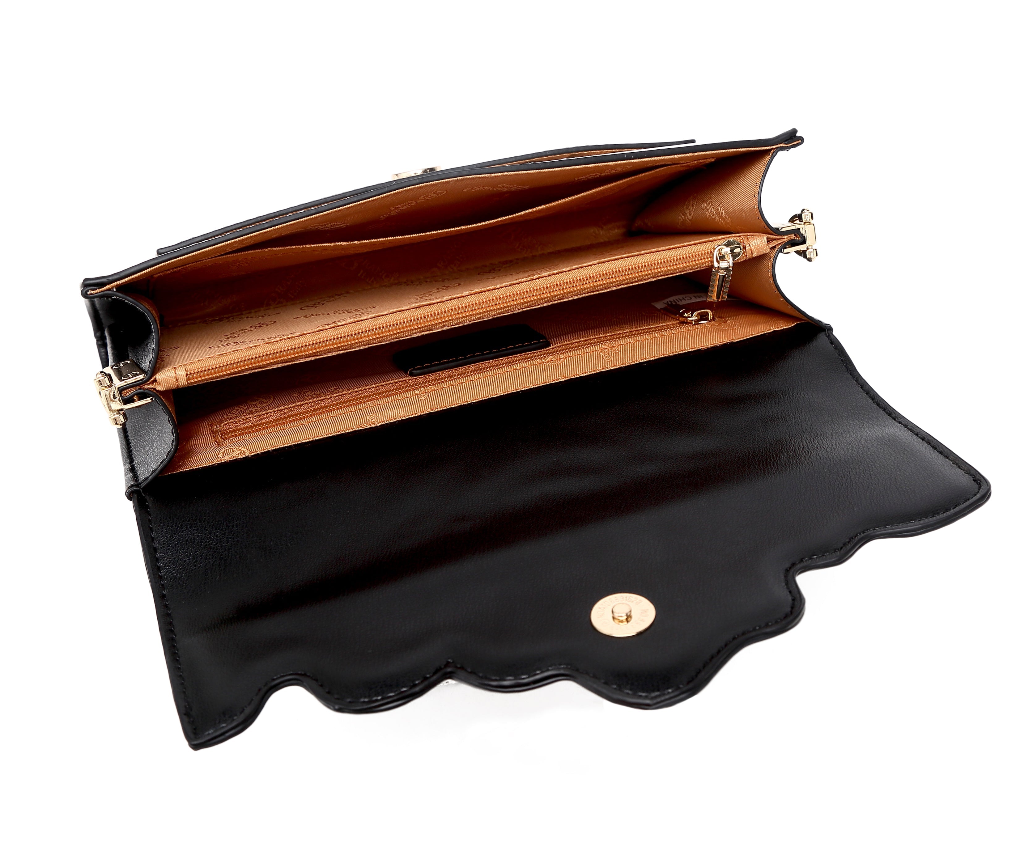 Brangio Italy Rose Embossed Convertible Clutch – Black Faux Leather Evening Bag With Rhinestones & Chain Strap | U.S.A.