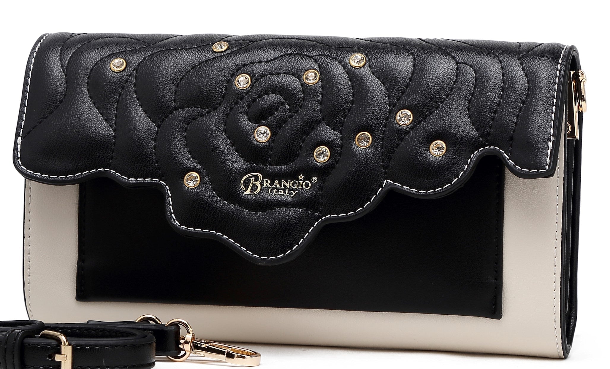 Brangio Italy Rose Embossed Convertible Clutch – Black Faux Leather Evening Bag With Rhinestones & Chain Strap | U.S.A.
