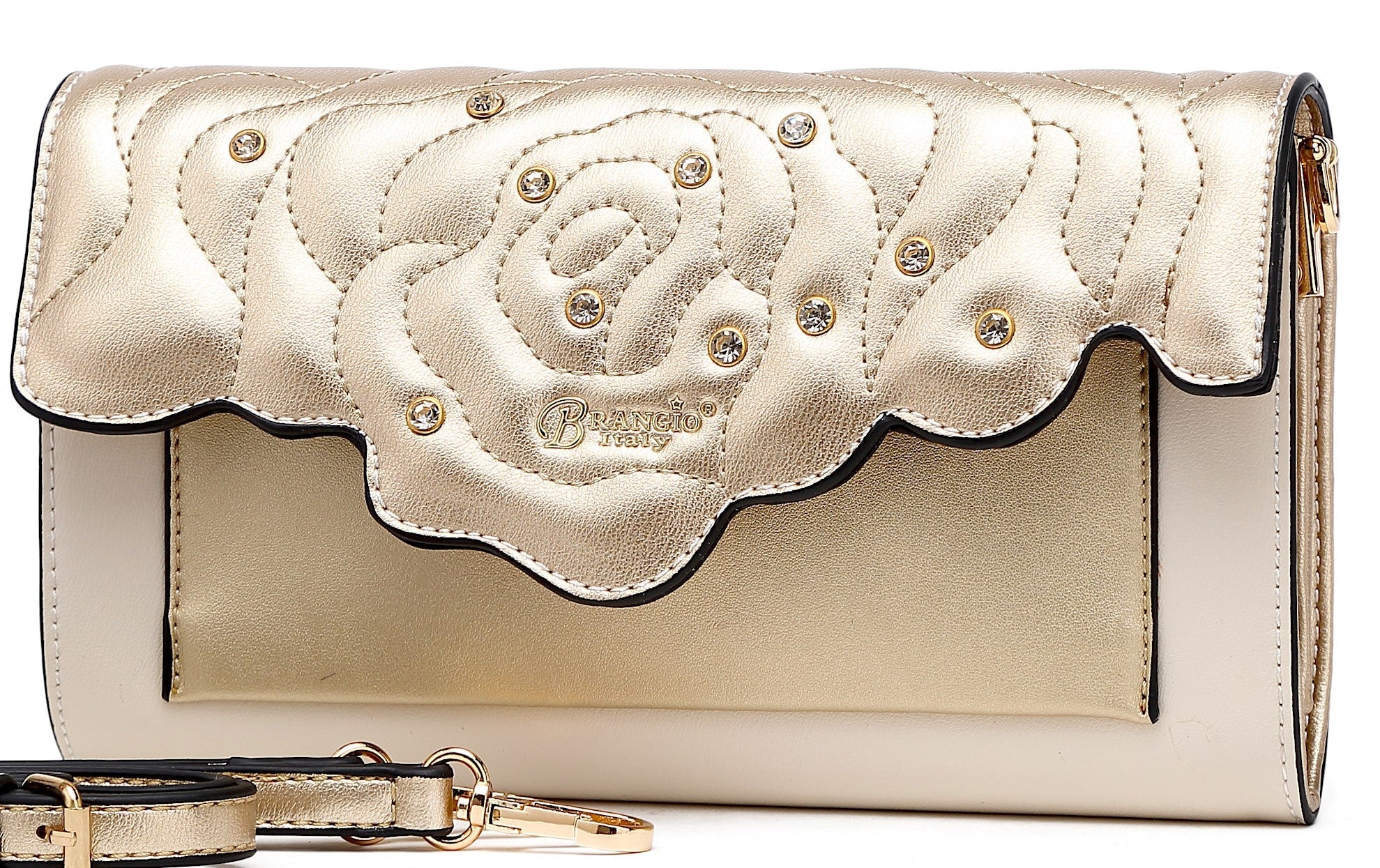 Brangio Italy Rose Embossed Convertible Clutch – Black Faux Leather Evening Bag With Rhinestones & Chain Strap | U.S.A.