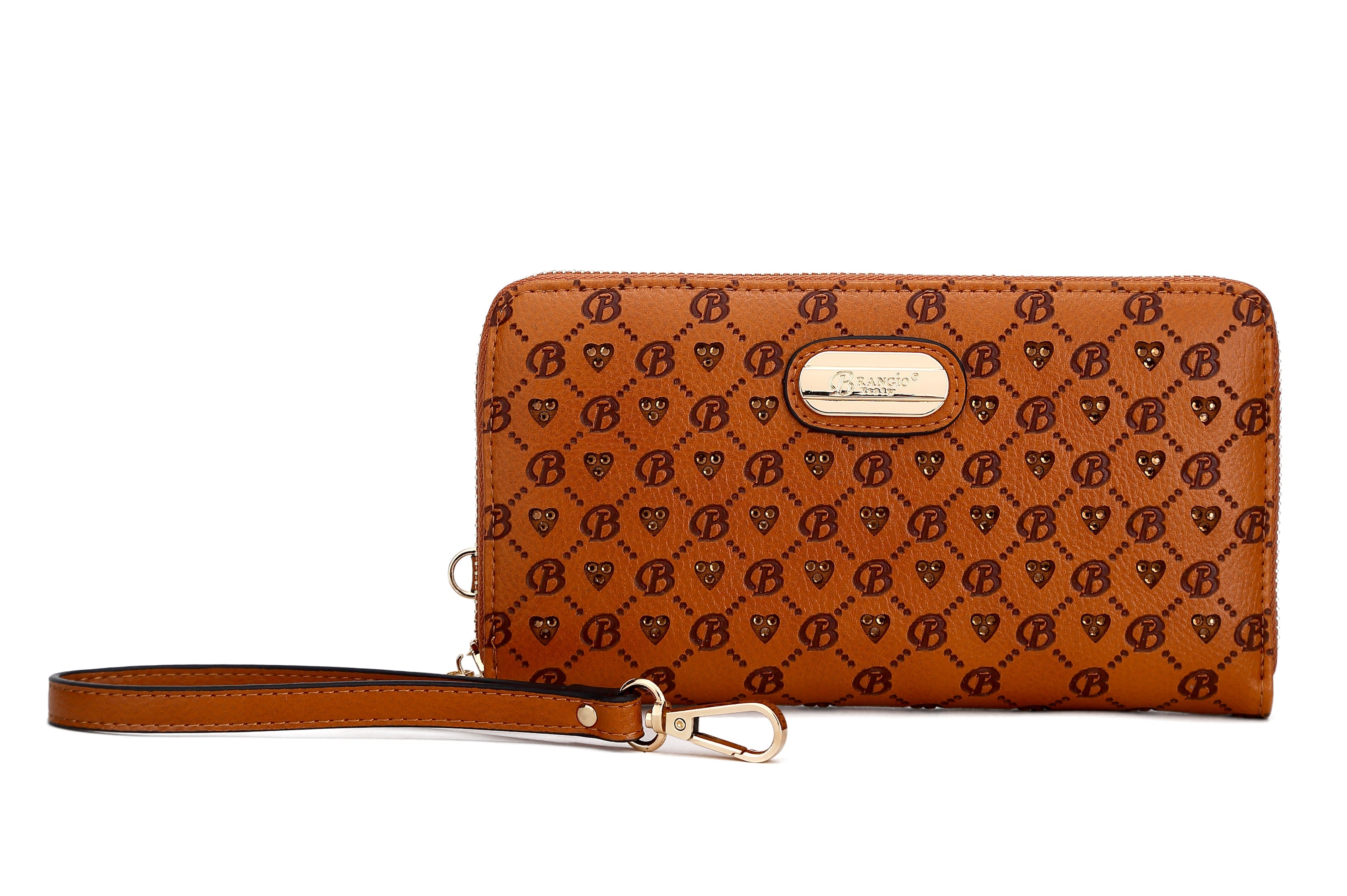 Brangio Italy Red Monogram Wristlet Wallet – Faux Leather Zip-Around Clutch With Heart & “B” Embossing and Gold Logo Pla