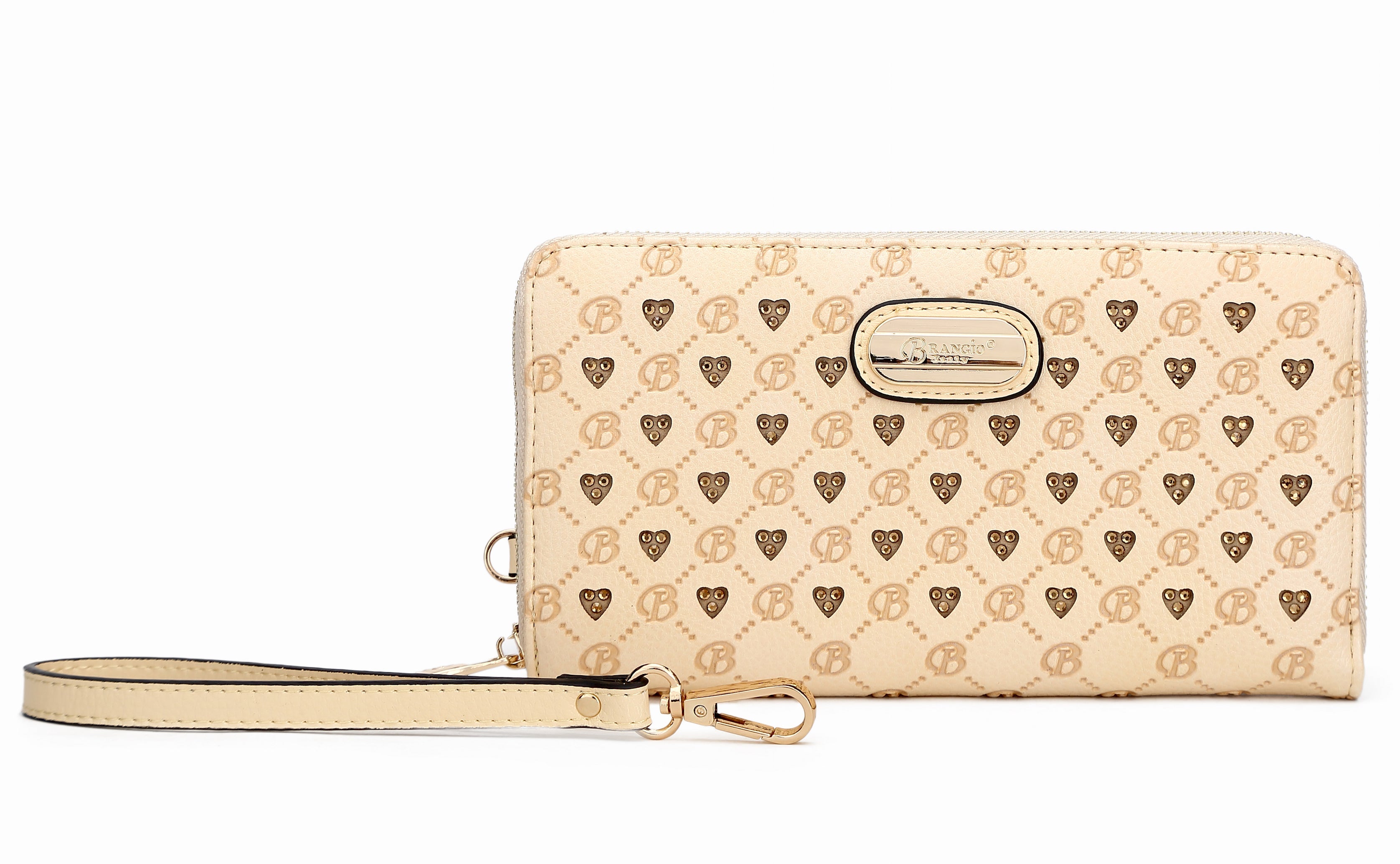 Brangio Italy Red Monogram Wristlet Wallet – Faux Leather Zip-Around Clutch With Heart & “B” Embossing and Gold Logo Pla