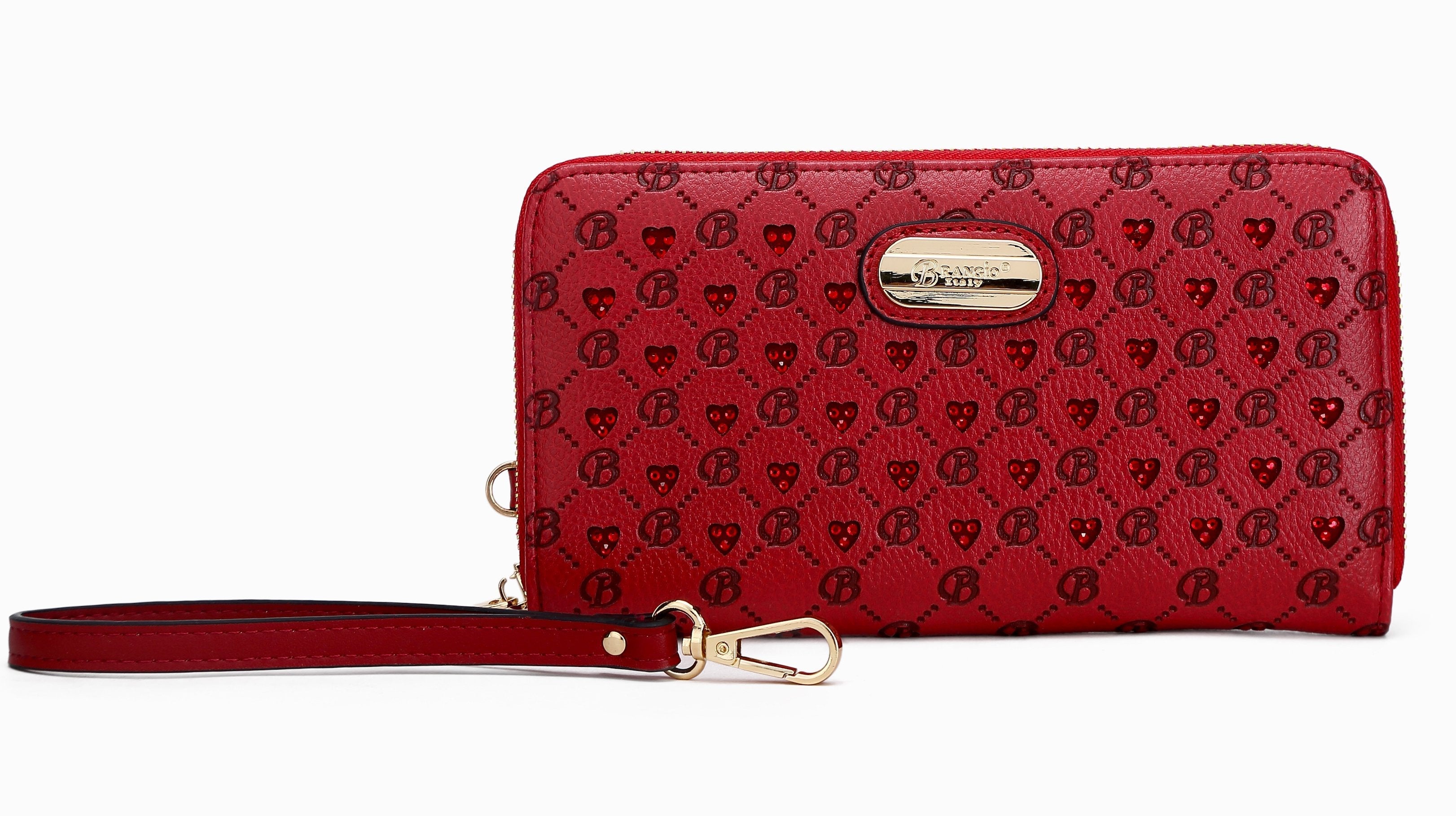 Brangio Italy Red Monogram Wristlet Wallet – Faux Leather Zip-Around Clutch With Heart & “B” Embossing and Gold Logo Pla