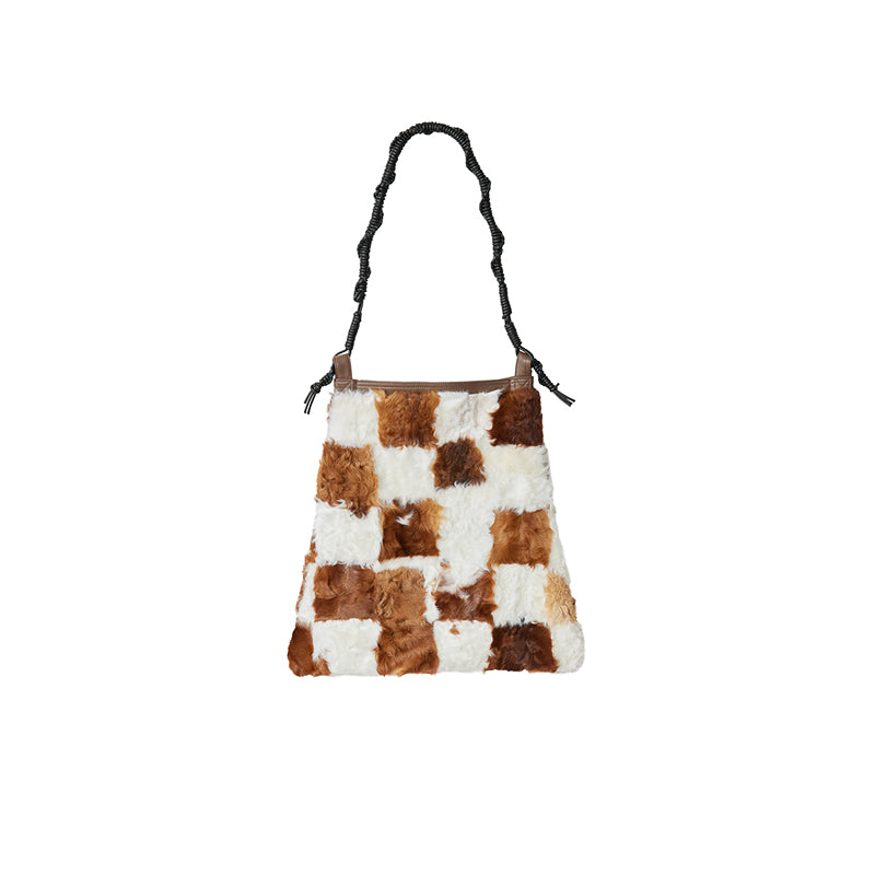 Retro Fashionable Versatile Stitching Contrasting Checkerboard Shoulder Bag Wool Bag