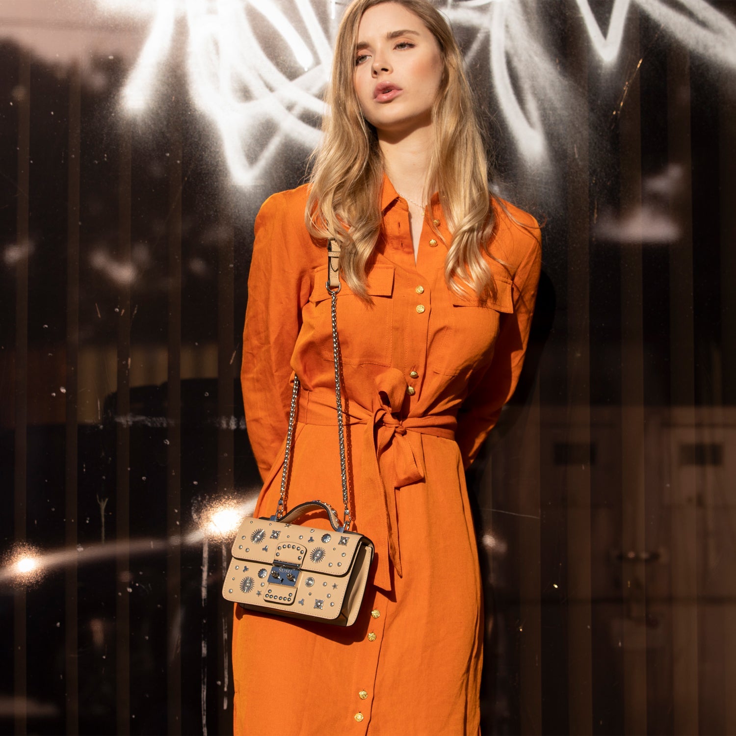 SUSU Small Leather Crossbody Bag Studded Dark Beige Tan Purse  Women's Handbag