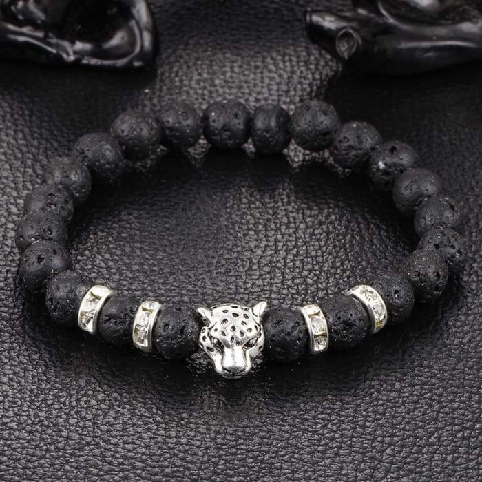 Silver Onyx Stone Leopard and Lava Stone Beads Men's Bracelet